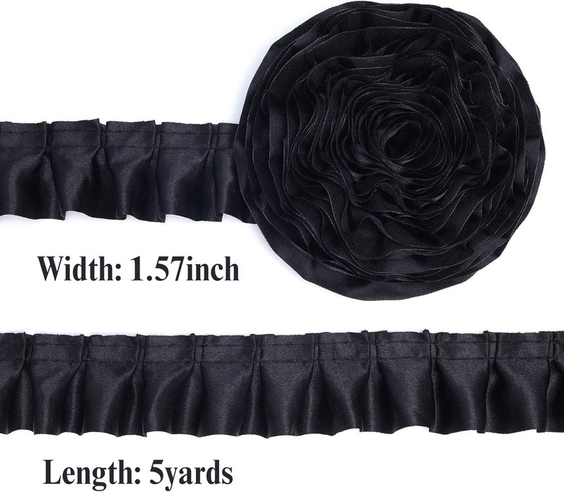 AIETSYEI Black Ruffle Pleated Lace Trim Satin Ribbon Gather Ruffle Edge for Applique Sewing Crafts, Home Decoration - Image 2
